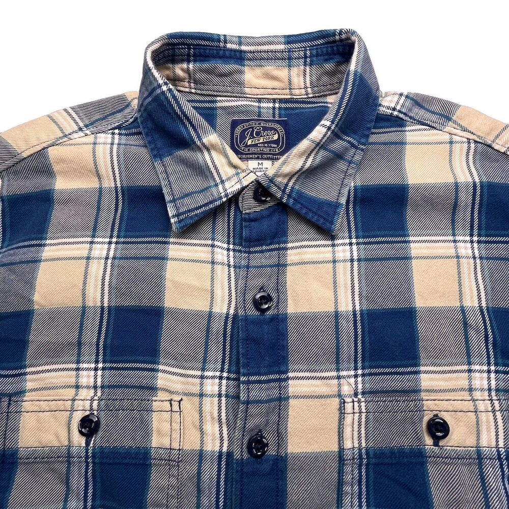 Vintage J Crew Flannel Shirt Mens M Blue Tan Plaid Outdoor Preppy Casual Y2k